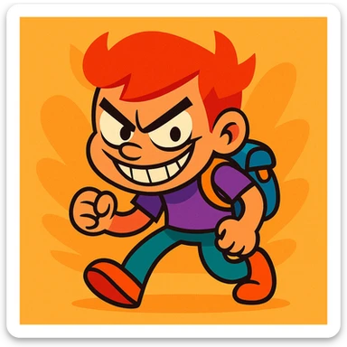 cartoon character with red hair, evil grin, tiny backpack, vibrant toon style sticker