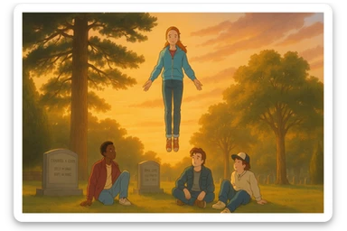 Max from Stranger Things levitating in the cemetery at sunset, warm golden light, with Lucas, Steve, and Dustin watching with concern. Ghibli style, wide aspect ratio (16:9), soft and emotional scene. Make Lucas, Steve, and Dustin visually recognizable with their signature hairstyles and outfits. sticker