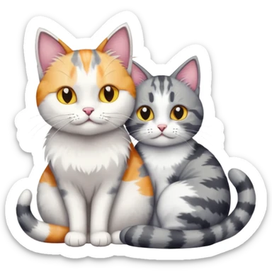 grey and white cat cuddling a colourful light patched calico + white tabby cat sticker