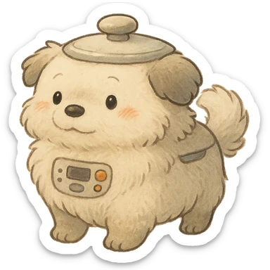 chibi soft fluffy dog inspired by a rice cooker with appliance features blended into its body full-body sticker