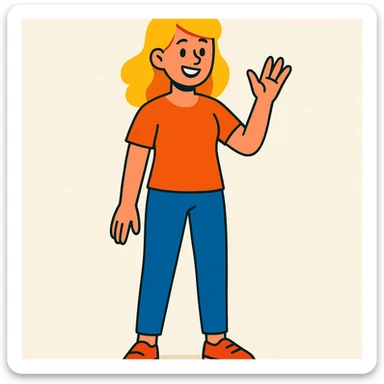 woman with blond hair, full body, orange shirt, modern illustration sticker