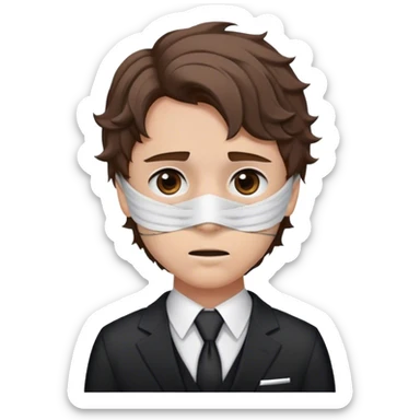 A guy with short brown wavy hair an eye bandage with brown eyes and a neck bandage wearing a suit and death staring sticker