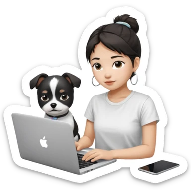 Asian girl with messy bun hair, wearing a white t-shirt, working on an Apple laptop, next to her is a small black and white dog sticker