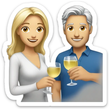 A woman with brown eyes and blond hair and a man with blue eyes and grey hair, they toast to each other with a glass of white wine. sticker