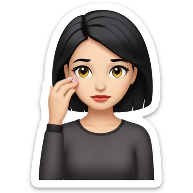 confident smirk face looking down with makeup, black hair, hand in hair, extra emoji-like sticker