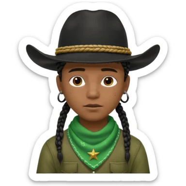 Black boy with short box beaids wearing a black cowboy hat with green bandana around his neck sticker