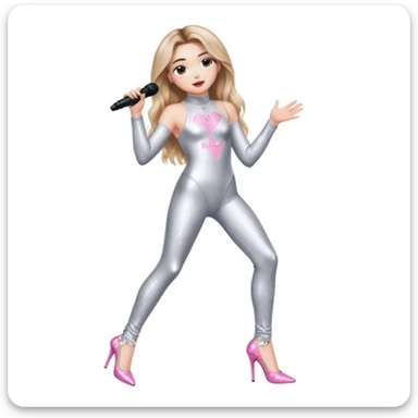 Sabrina carpenter singing at a concert wearing a silver bodysuit with kiss marks all over it  pink sparkle heels.  stage setting is very lit up with white stairs and confetti  sticker