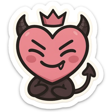 devil emoji, chibi style, pink and black colors, heart-shaped face, small horns, mischievous grin, cute expression, crown accessory sticker