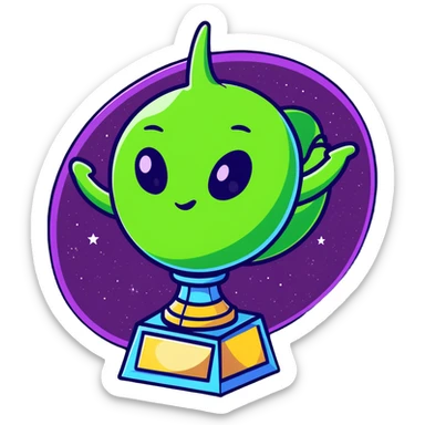 An alien trophy award with swirling cosmic colors, deep space nebula hues, and star patterns sticker