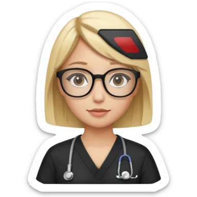 A girl in black scrubs with a blonde bob and glasses minus stethoscope  sticker