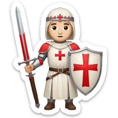 knight templar standing with sword, white tunic, red cross sticker