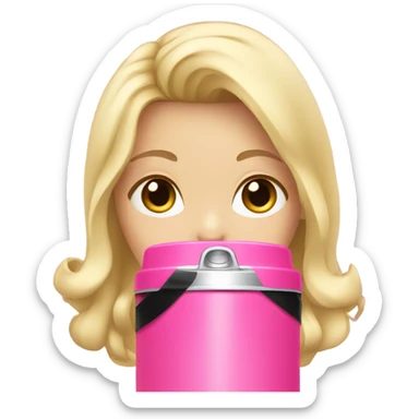 Blonde girl with black ribbon drinking from Pink thermos sticker