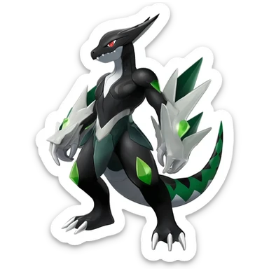 Shiny Black Grey White and Dark-Green Axew-Tyranitar-Larvitar-Flygon-Scyther-Pokémon-Fakémon-Digimon-fusion-creature, full body sticker