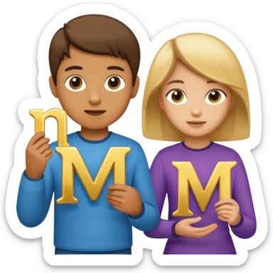 Create two letters, N and Y, in the shape of sisters. Create an image of a boy holding the letter N and a girl holding the letter M  sticker