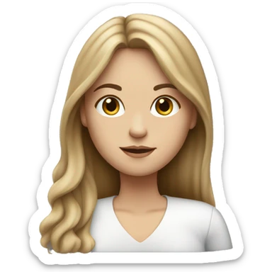 White girl with long brown hair, working on macbook sticker