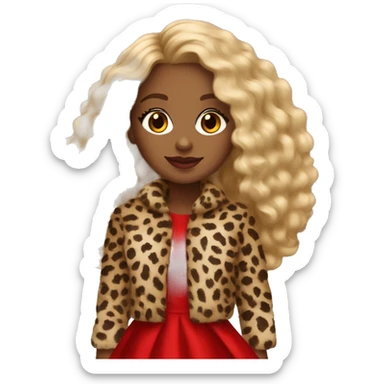 Brown girl curly long blonde hair wearing cheetah fur coat red dress and red heels  sticker