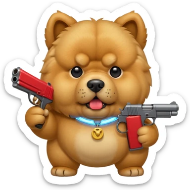 Funny cartoon-style chow chow dog with light fur standing on its hind legs and holding a gun menacingly sticker