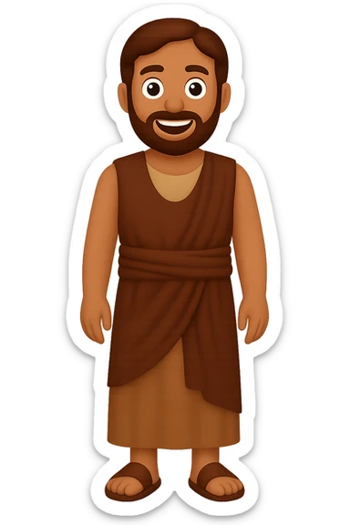 Create a centered full body image of Apostle Peter facing straight, wearing a sleeveless shirt and plain robes in classic emoji style. Use a brown clothes color palette with beige details in reverse color palette. He should have a detailed beard and be smiling with no background. The style should mimic classic emoji style with no background. sticker