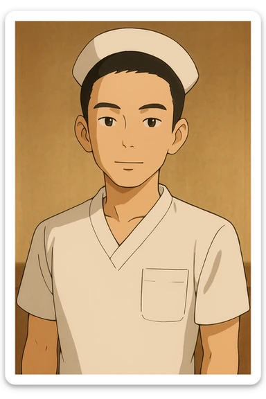Portrait Ghibli style of a student nurse in a white short-sleeve nursing uniform with a V-neck medical tunic, left chest pocket, no collar stand, no stethoscope, warm indoor ambiance, neutral wall-style background, no clothing under the tunic. sticker