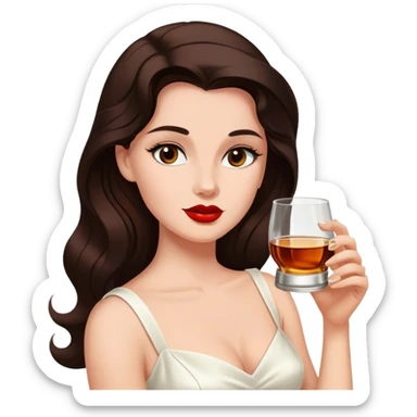 Beautiful woman in 1950’s woman fashion look, white dress, long dark brown hair, whisky sticker