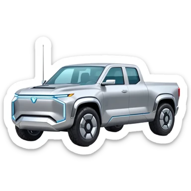 A futuristic electric pickup truck emoji, silver chrome body, angular cyber design, smooth metallic panels, subtle reflections, minimalistic proportions, iOS emoji style, centered composition, clean white background, soft lighting sticker