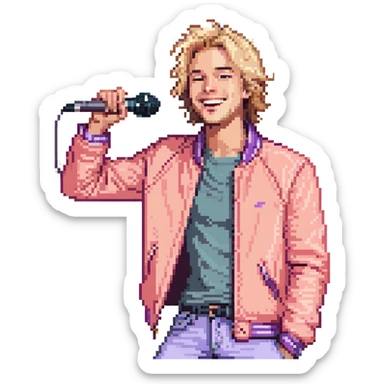 Pixel art style, expressive male performer, Caucasian features, tousled sandy blonde hair, lively eyes, wide cheerful smile, wearing a coral violet jacket over white tee, tossing a microphone in one hand, waist-up, front-facing sticker