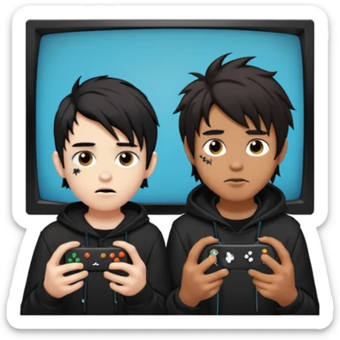 pale Goth boy with a bunch of face piercings, with shaggy dark brown hair, next to a Carmel  skin gamer boy with long black hair , they are watching tv together  sticker