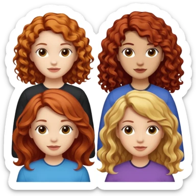 5 girls. The 1st girl has curly read hair. The 2nd girl has dyed blonde hair with brunette roots and she had mid-length hair that is wavy. The 3rd girl has long wavy brunette hair. The 4th girl has mid-length straight brunette hair. The 5th girl has black hair that is mid-length and wavy. sticker