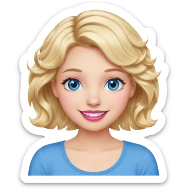 Girl Blonde short wavy hair,  blue eyes, cute blue top, long lashes, pink lips, 👄 big smile sticker