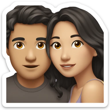 A half pale Asian man with short dark hair and amber eyes embracing and loving a half Asian woman with long wavy dark hair and dark hazel eyes. They love each other a lot And have good fashion taste. And are having a lot of fun sticker