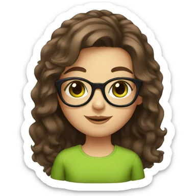 Girl, medium length brown hair,  green eyes, fun glasses sticker