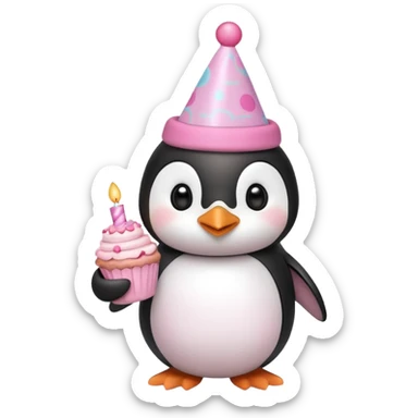 cute penguin  hold a pink birthday cake in both arms with pink birthday hat sticker