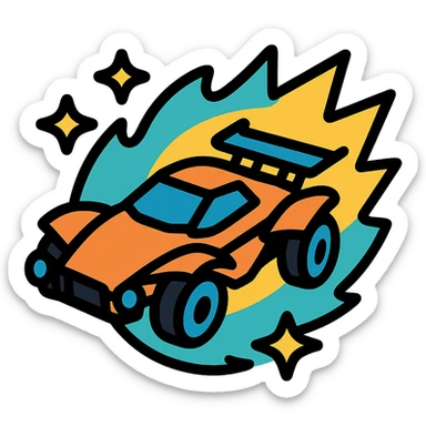 Super Sonic Legend inspired by Rocket League, futuristic car breaking sound barrier, surrounded by stars and glowing aura, bold graphic style sticker