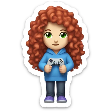 a white girl with long red curly hair, wearing periwinkle Minecraft hoodie holding a controller sticker