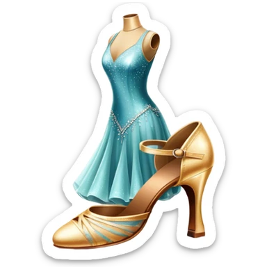 Humanless Icon for Ballroom Dance: elegant ballroom dance shoes, a sparkling dress, and a dance floor with a spotlight. The icon should capture the grace and elegance of ballroom dancing, with emphasis on movement and rhythm. Transparent background. sticker