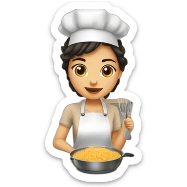 petite girl dark hair cooking risotto with norwich terrier sticker