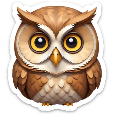 Búho Sabio y Sereno Low-poly o semi-realista con texturas suaves.Un búho de aspecto amigable, con ojos grandes y expresivos que transmiten calma y confianza. sticker