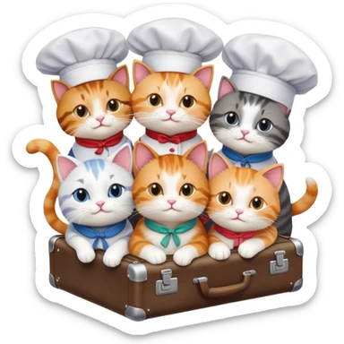 six cats, four wearing chef hats, two wearing aprons, hugging a cat with a suitcase, top-down view sticker
