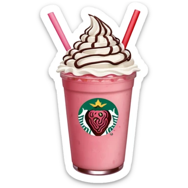 Strawberry Starbucks frappe with red strawberry jam at the bottom with whipped cream and chocolate drizzle sticker
