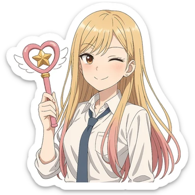 Marin Kitagawa, winking, holding a cosplay accessory, detailed anime style, long blonde hair with pink tips sticker