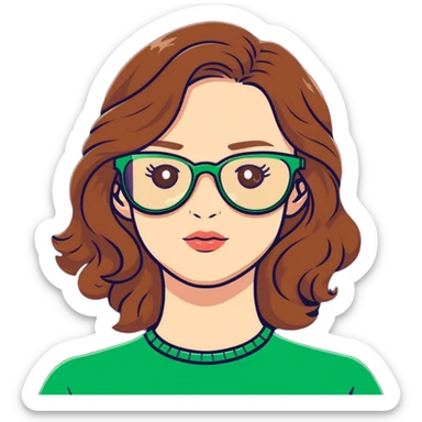 woman with pale skin, brown wavy hair, green eyes, gold glasses sticker