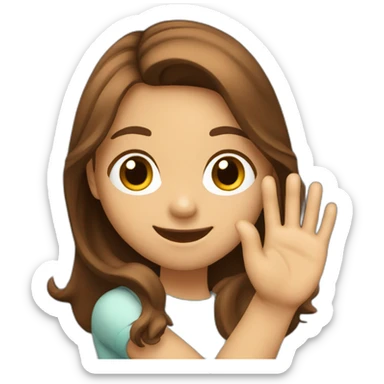 Girl with brown and long hair smiling kindly and waving with the right hand sticker