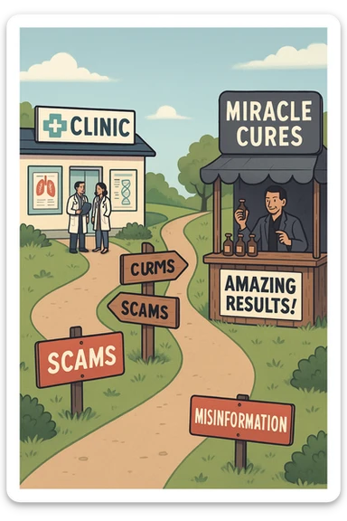 two paths diverge—one leads to a trustworthy clinic with doctors and scientific posters, the other to a shady stand selling “miracle” medicines with exaggerated claims. Signs along the second path warn of scams and misinformation. The scene encourages viewers to choose reliable, science-based healthcare. in italiano sticker
