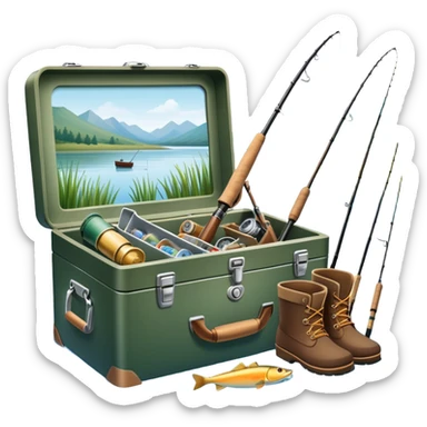 Icon for Fishing: a fishing tackle box, a spinning rods, boots, and a boat by a water body with a beautiful nature backdrop. The icon should evoke the peaceful and adventurous spirit of fishing. Transparent background. sticker