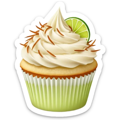 Vanilla cupcake with vanilla frosting with shredded toasted coconut on top and lime sticker
