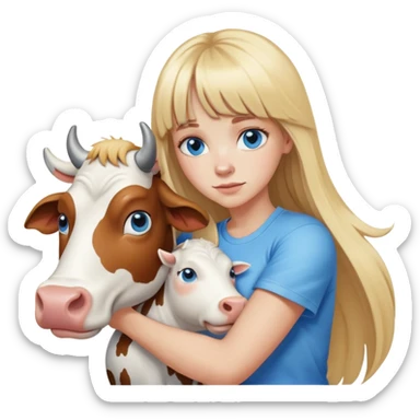 Woman whit hair long and blonde bangs in front, blue eyes, white t shirt hugging a cow sticker