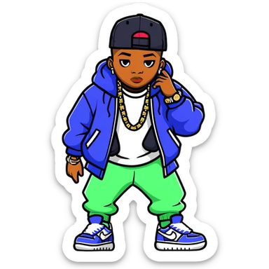 hip-hop rapper with bling, baggy clothes, and stylish sneakers sticker
