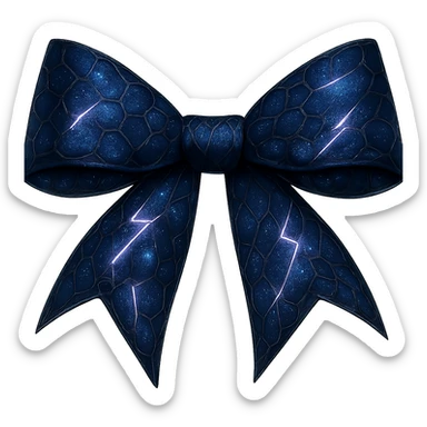 Remove the midnight blue roses from the gothic bow with fractured deep blue glass, iridescent holographic stardust, neon lightning bolts, and a wet, shiny finish. Keep the background transparent. sticker