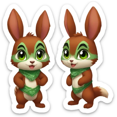 Cute, Chibi, chubby, fluffy, Kemono-style, Anthro, Fur-Sona, Dark-Red, Squirrel-Rabbit-hybrid-Fakémon, with a green bandana, full body sticker