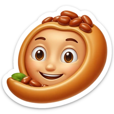 Create a baked bean that is flying with a face on it sticker